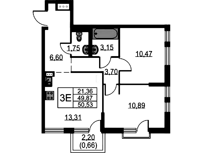 2-комнатная квартира 50.53 м², 13/18 эт., ЖК «Невская Долина»